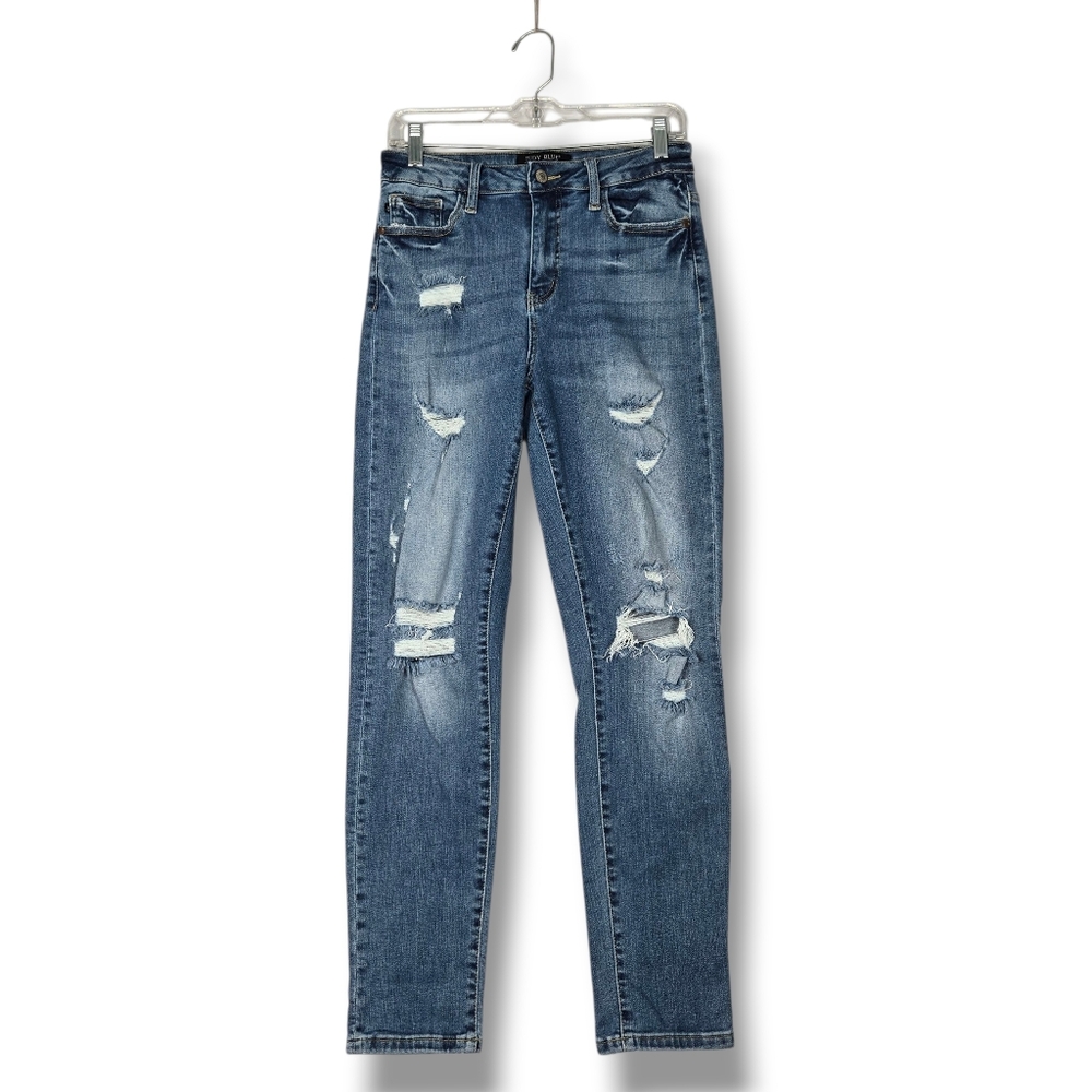 Judy Blue Boyfriend Fit High Rise Jean Distressed Blue Stretch Slim Size 5 / 27